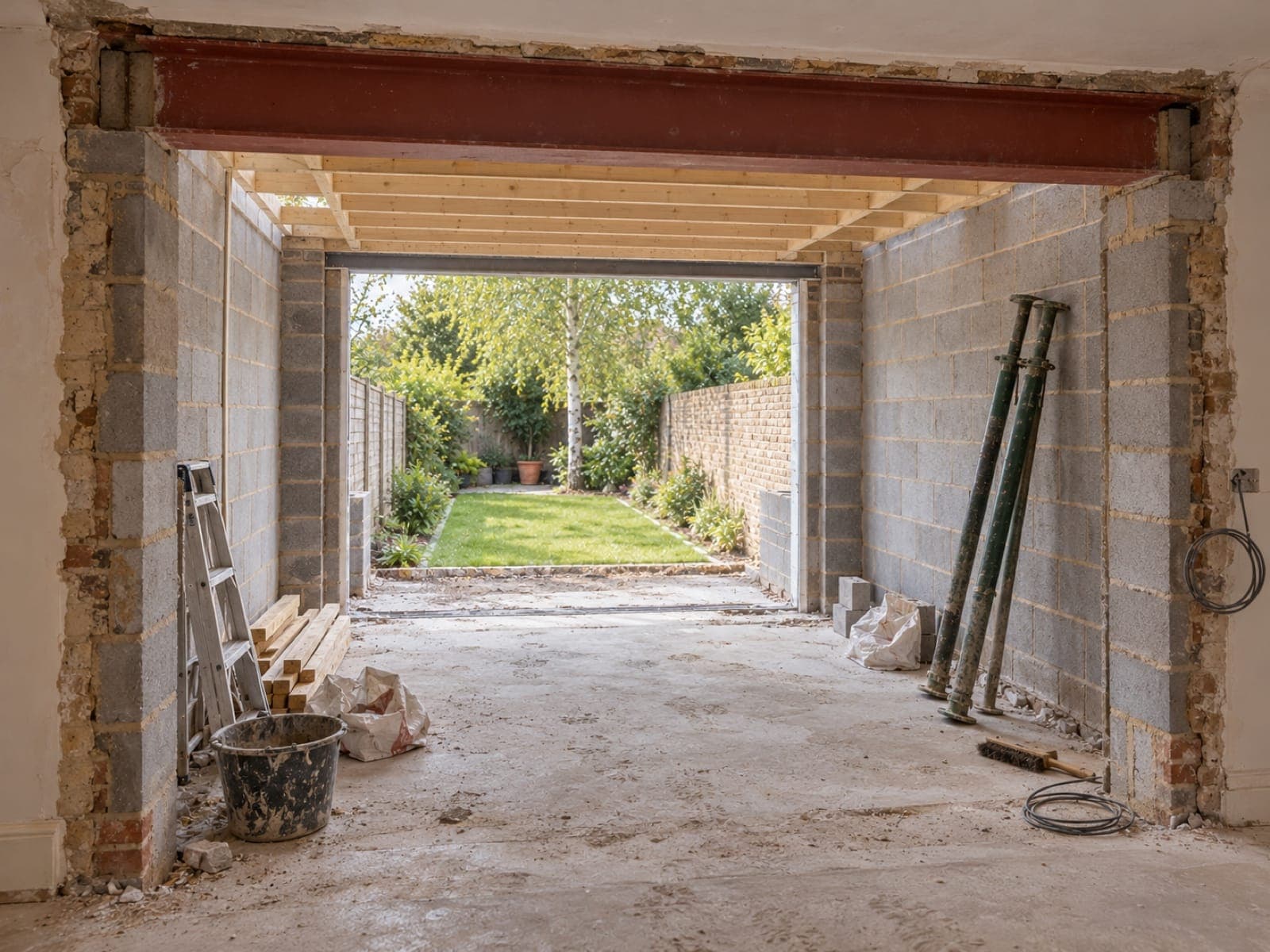 A new steel beam in place over the opening into the extension