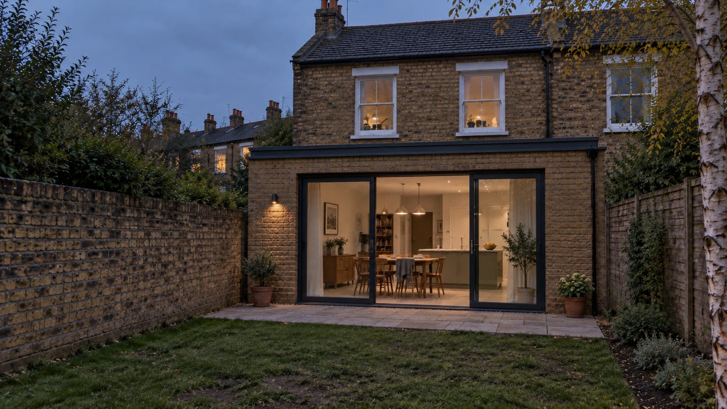The finished rear extension at dusk, glazed doors open to the garden