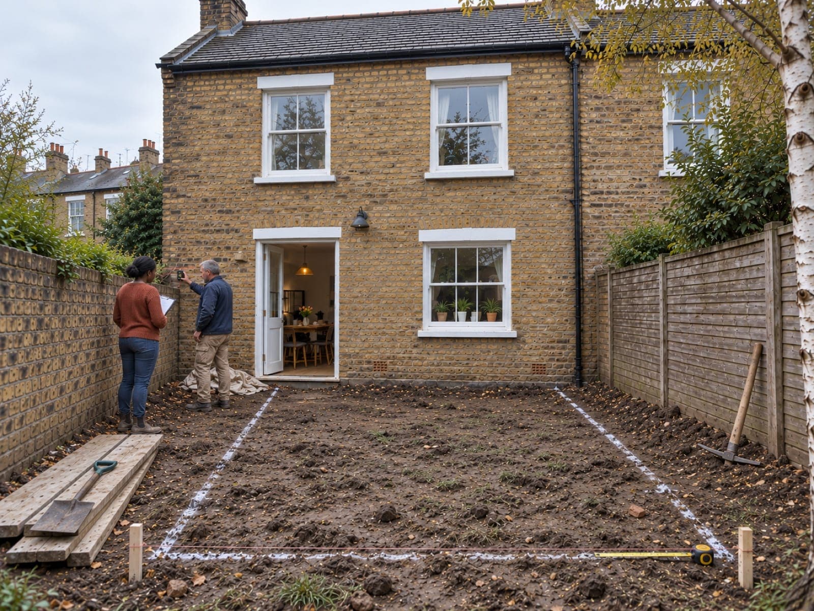 A builder measuring the back wall of the house during a site visit